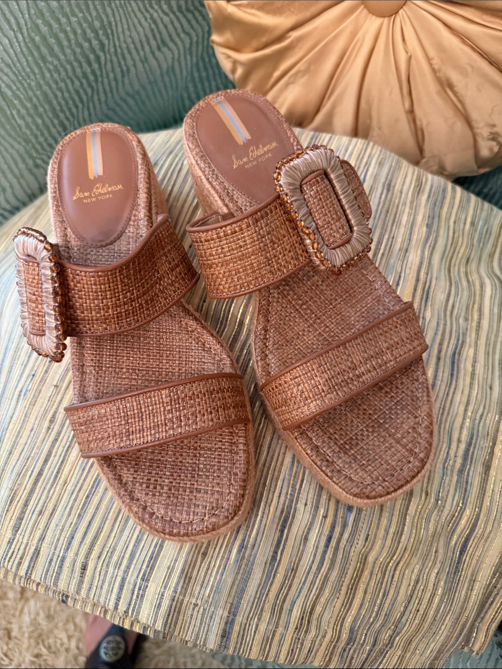 Sam Edelman Woven Tan Slide Sandals with Decorative Buckle